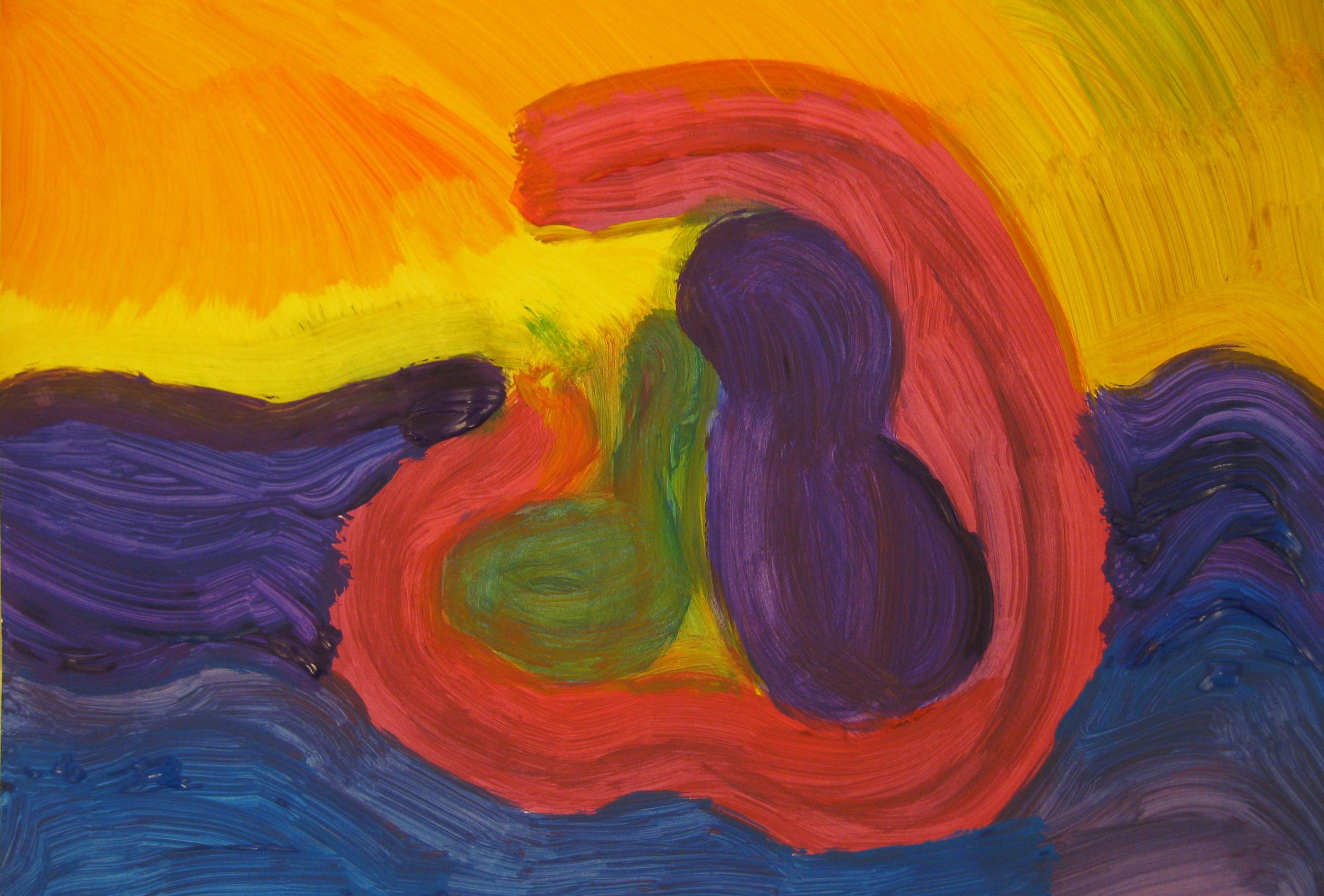 Gemalenes Bild zweier angedeuteter Figuren, die in einer schützenden Hülle unter Sonnenschein auf Wasser treiben.