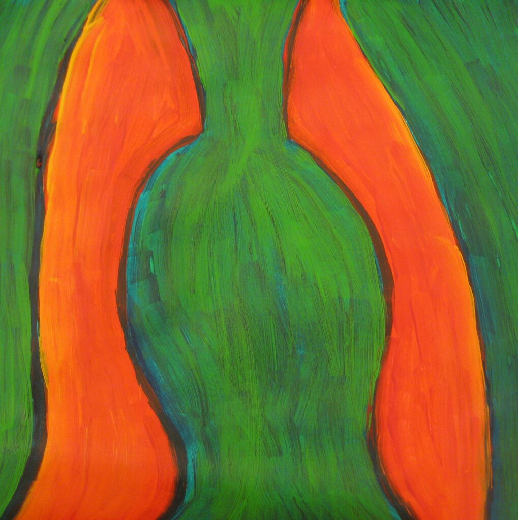 Schemenhaft gemalenes Bild einer Figur mit aufgestellten Haaren vor einer Feuerstelle im Wald